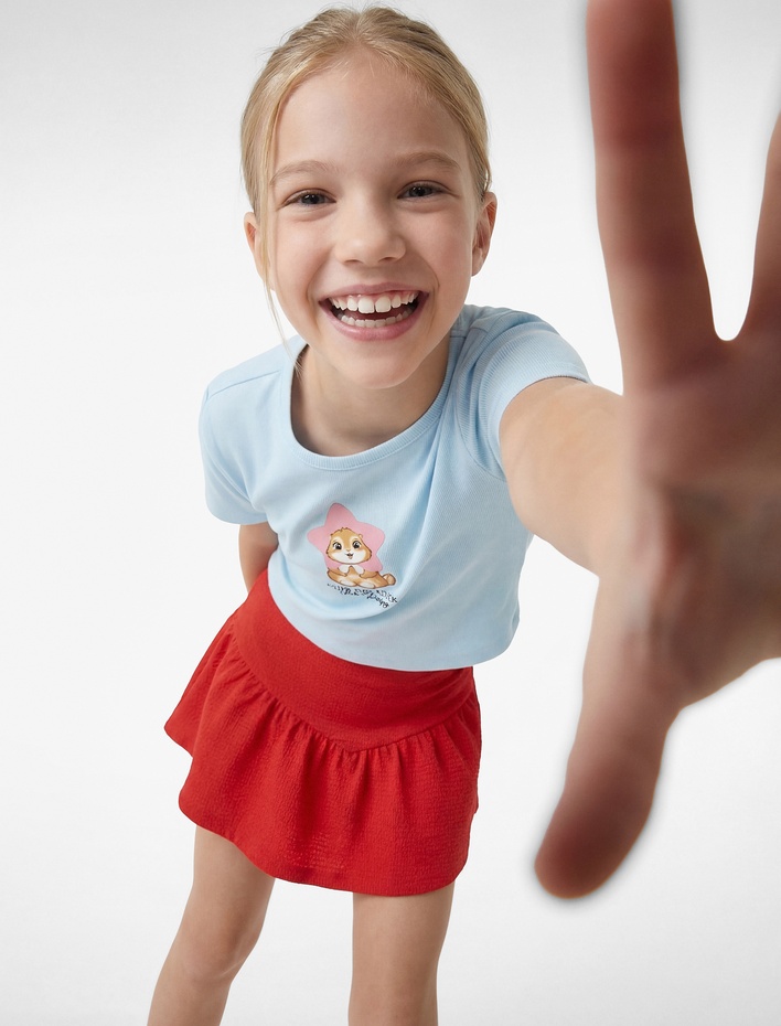 Kız Çocuk Pamuklu Kısa Kollu Bisiklet Yaka Baskılı Crop Tişört