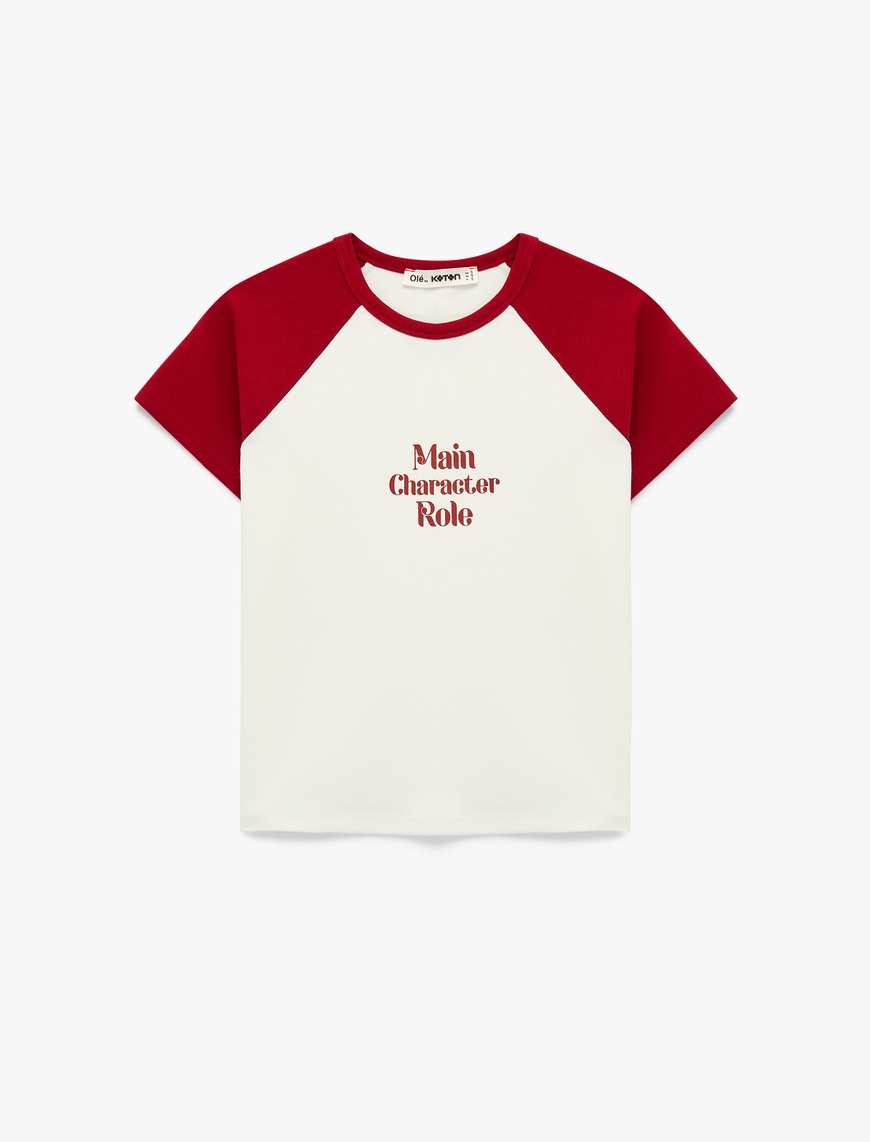 ＊ルッコラページ＊ Ekru Pamuklu Slim Fit Kısa Kollu Bisiklet Yaka Baskılı Crop Tişört