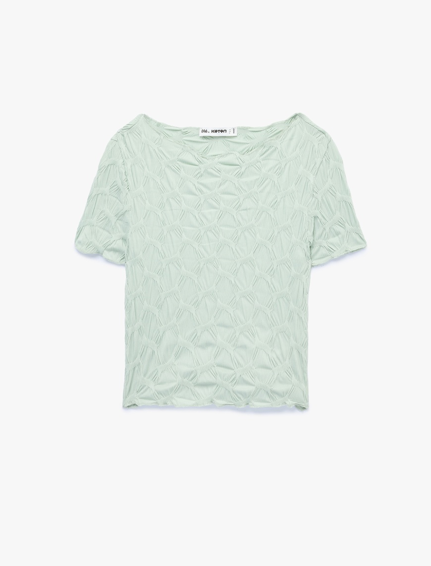Yeşil Bürümcük Kumaş Slim Fit Kısa Kollu Kayık Yaka Crop Tişört