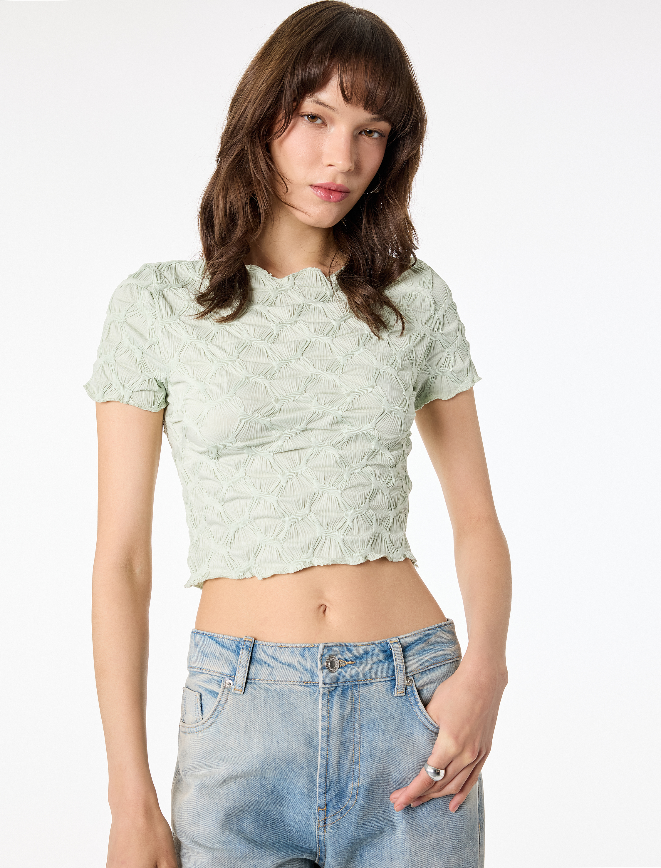   Bürümcük Kumaş Slim Fit Kısa Kollu Kayık Yaka Crop Tişört