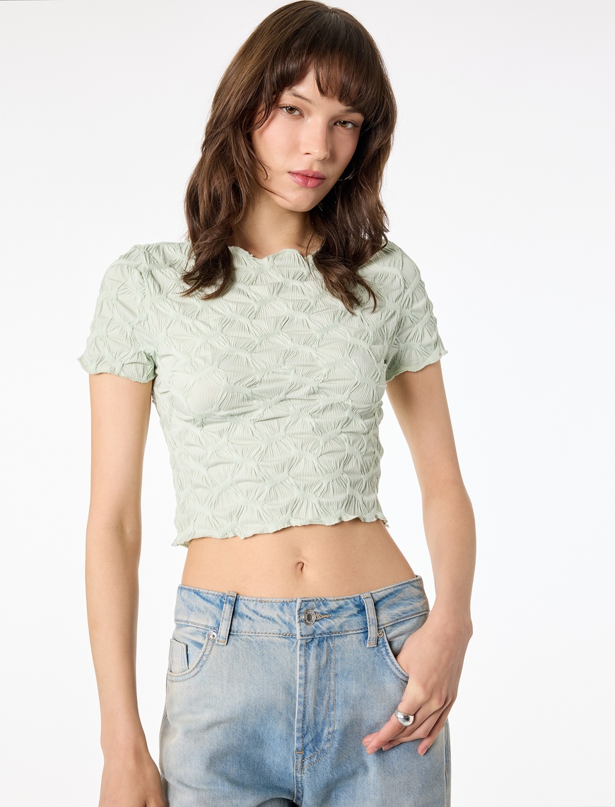 Yeşil Bürümcük Kumaş Slim Fit Kısa Kollu Kayık Yaka Crop Tişört