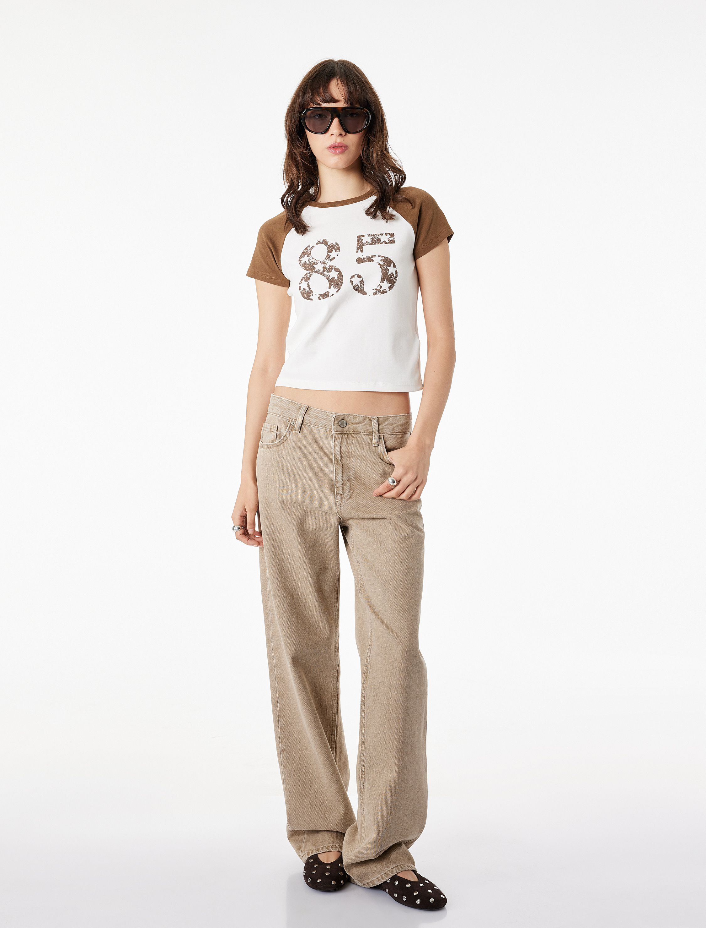   Baskılı Kısa Reglan Kollu Slim Fit Bisiklet Yaka Crop Tişört