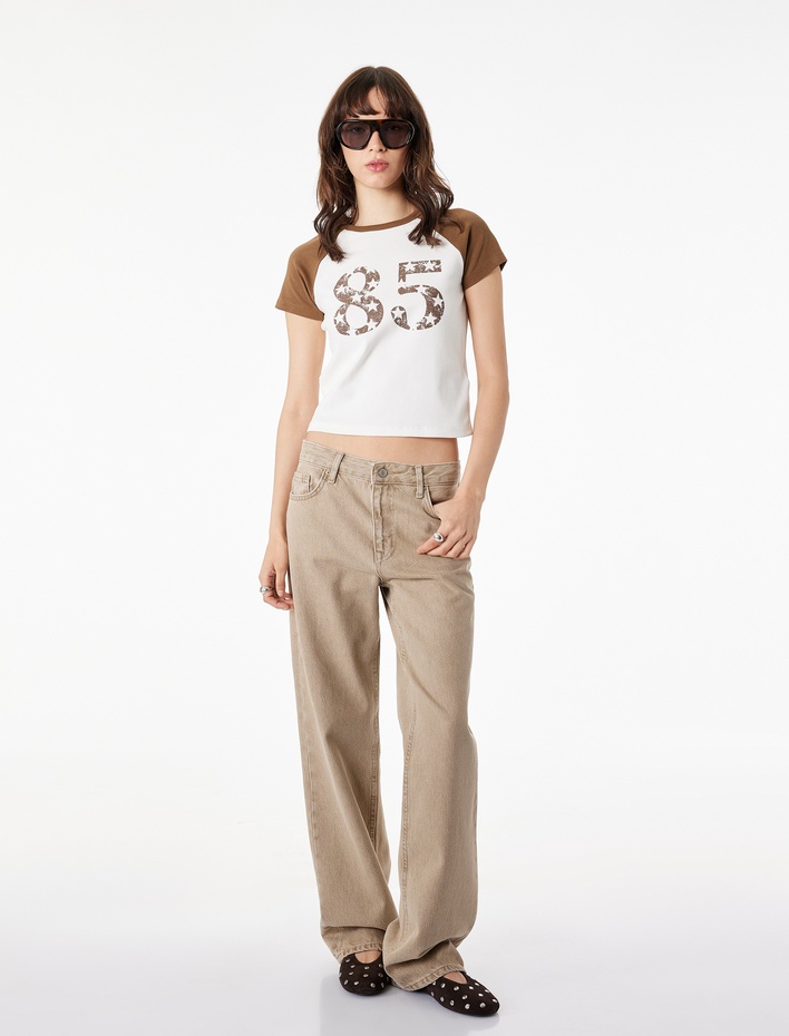  Baskılı Kısa Reglan Kollu Slim Fit Bisiklet Yaka Crop Tişört