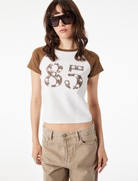 Baskılı Kısa Reglan Kollu Slim Fit Bisiklet Yaka Crop Tişört