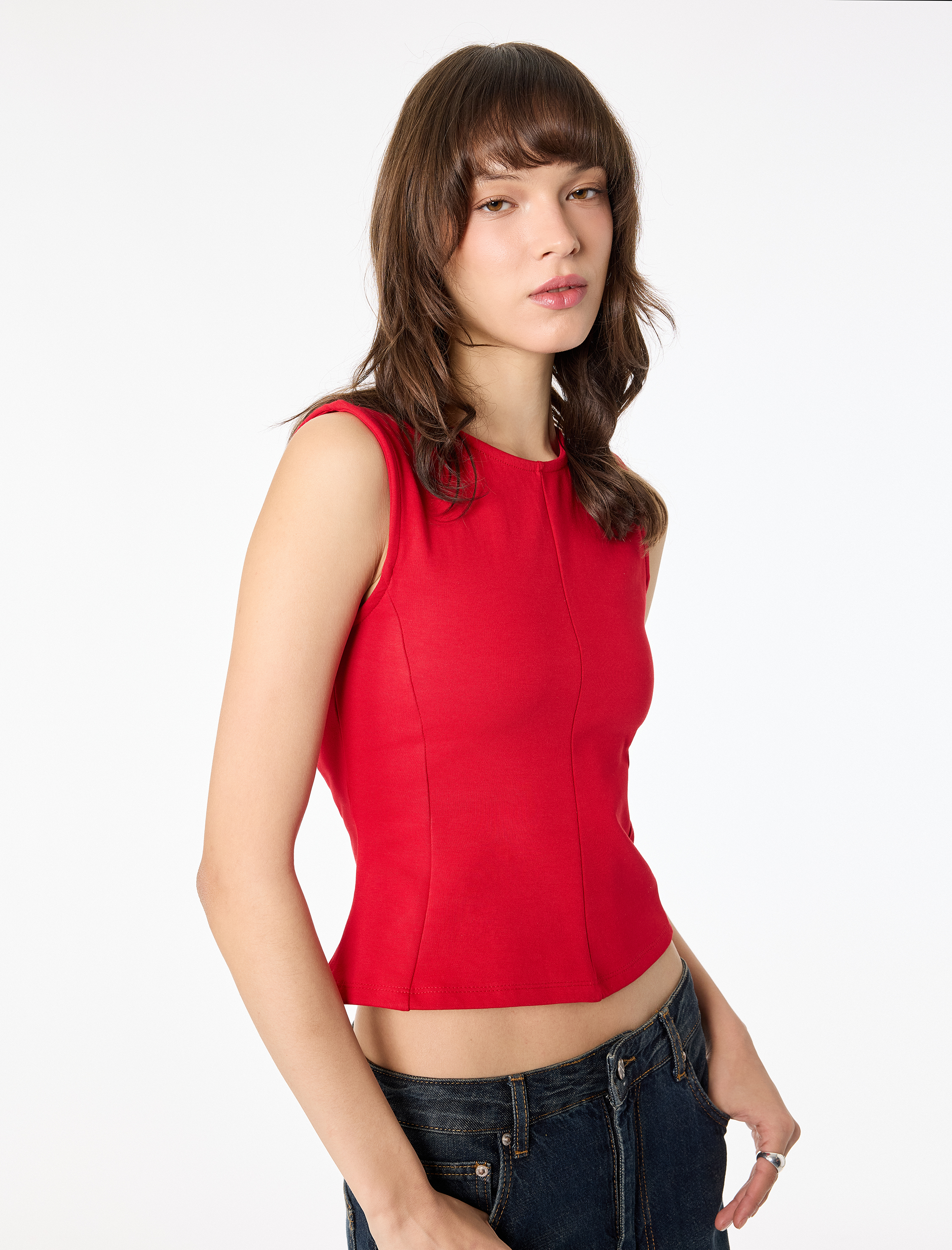   Pamuklu Slim Fit Kolsuz Bisiklet Yaka Bluz