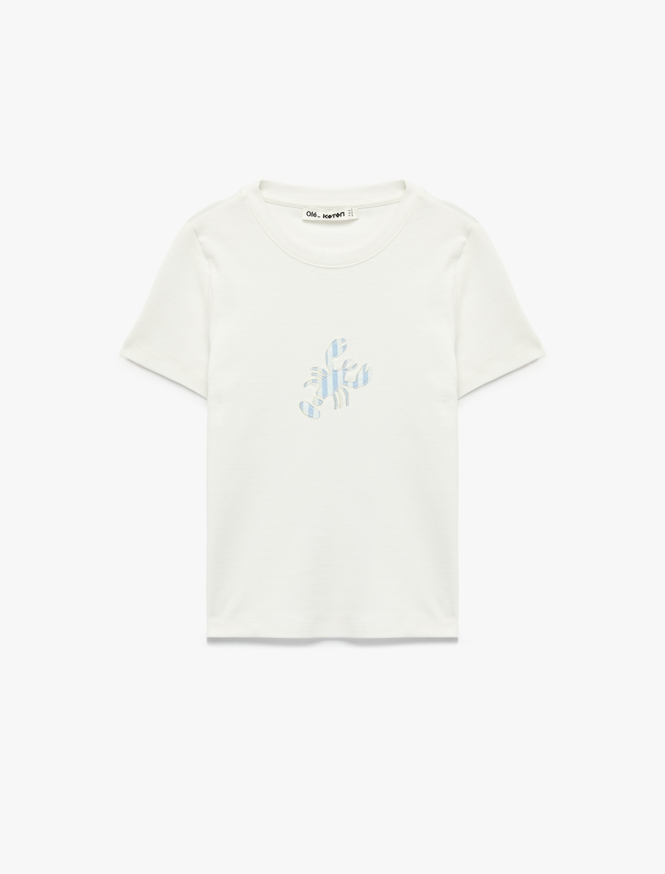 Pamuklu Slim Fit Kısa Kollu Bisiklet Yaka Yengeç Nakışlı Tişört - Görsel 3