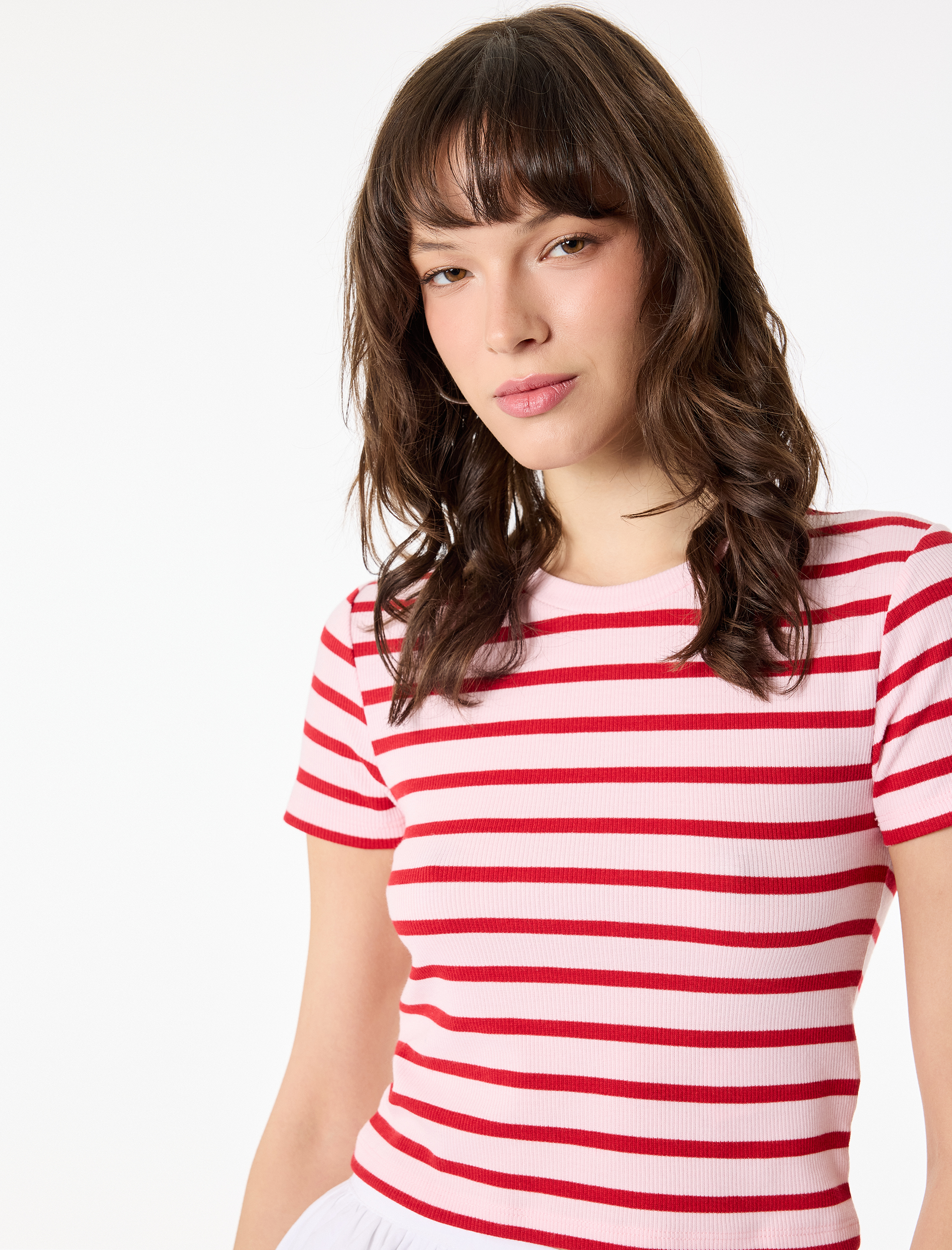 Slim Fit Viskon Karışımlı Kısa Kollu Bisiklet Yaka Çizgili Tişört