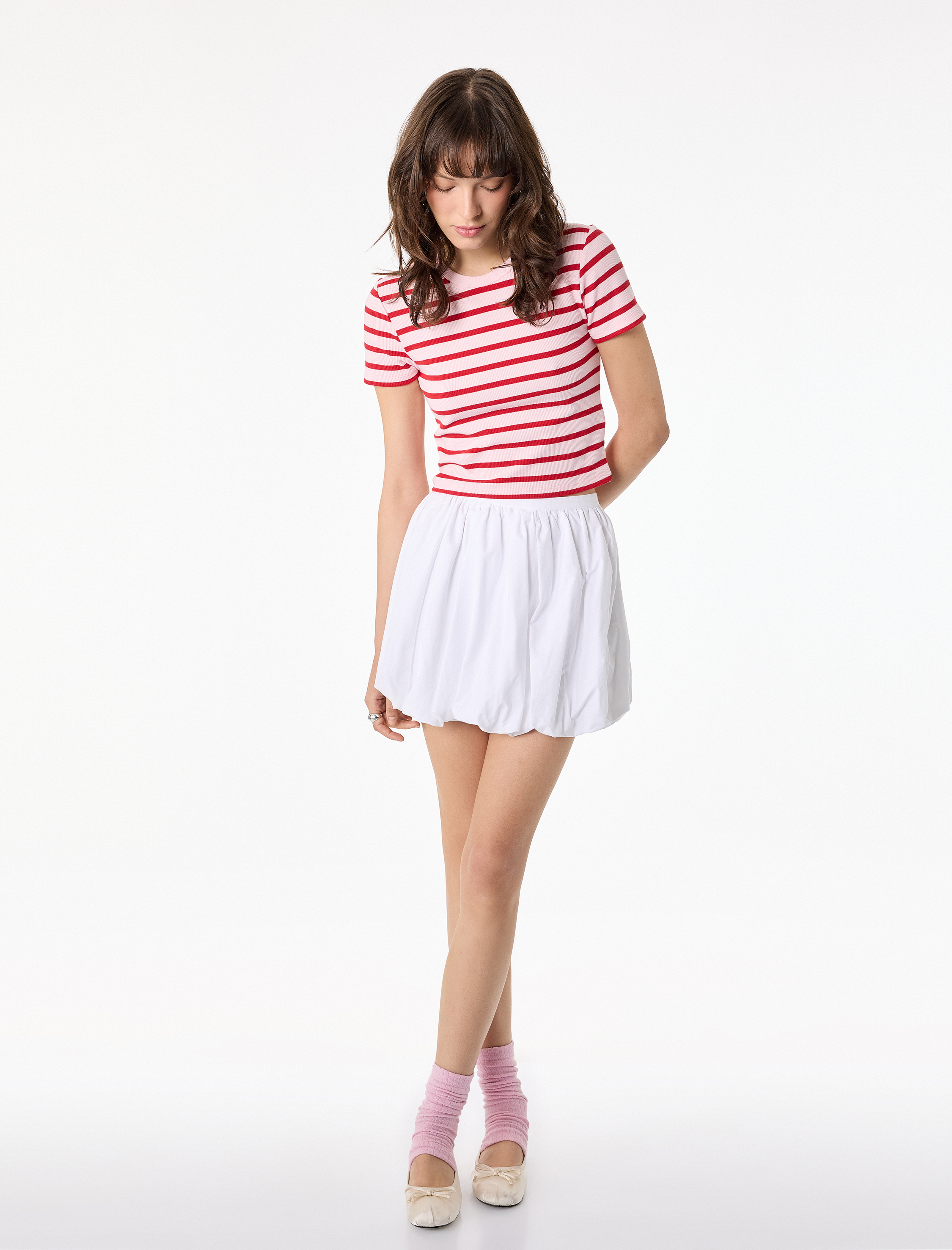 Slim Fit Viskon Karışımlı Kısa Kollu Bisiklet Yaka Çizgili Tişört - Görsel 2