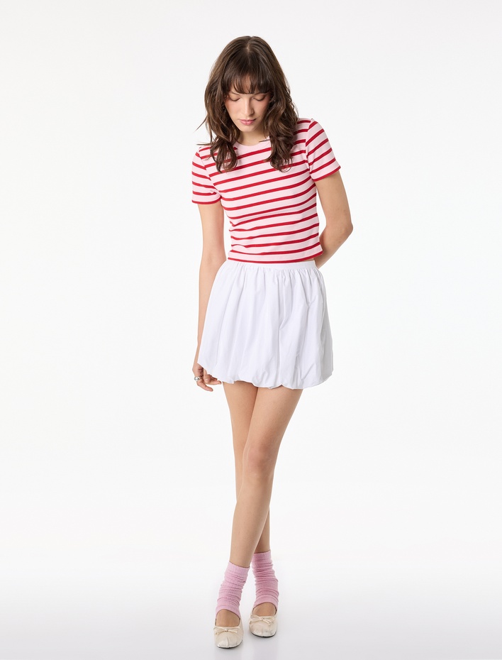  Slim Fit Viskon Karışımlı Kısa Kollu Bisiklet Yaka Çizgili Tişört