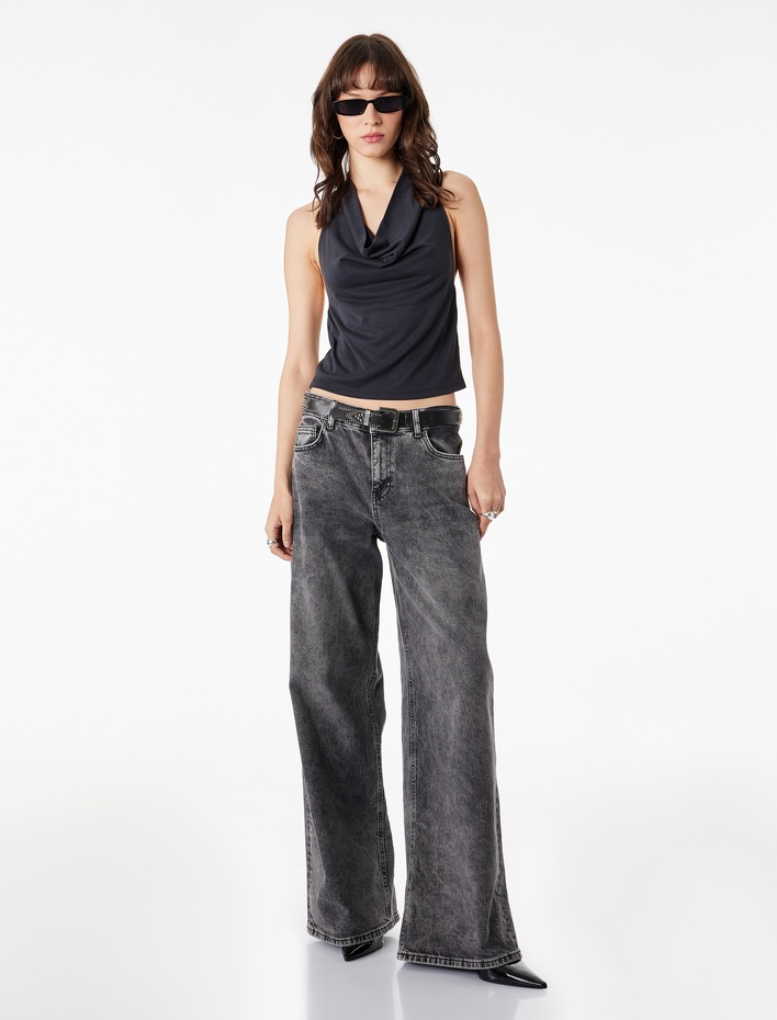  Slim Fit Modal Kumaş Kolsuz Sırtı Açık Degaje Yaka Bluz