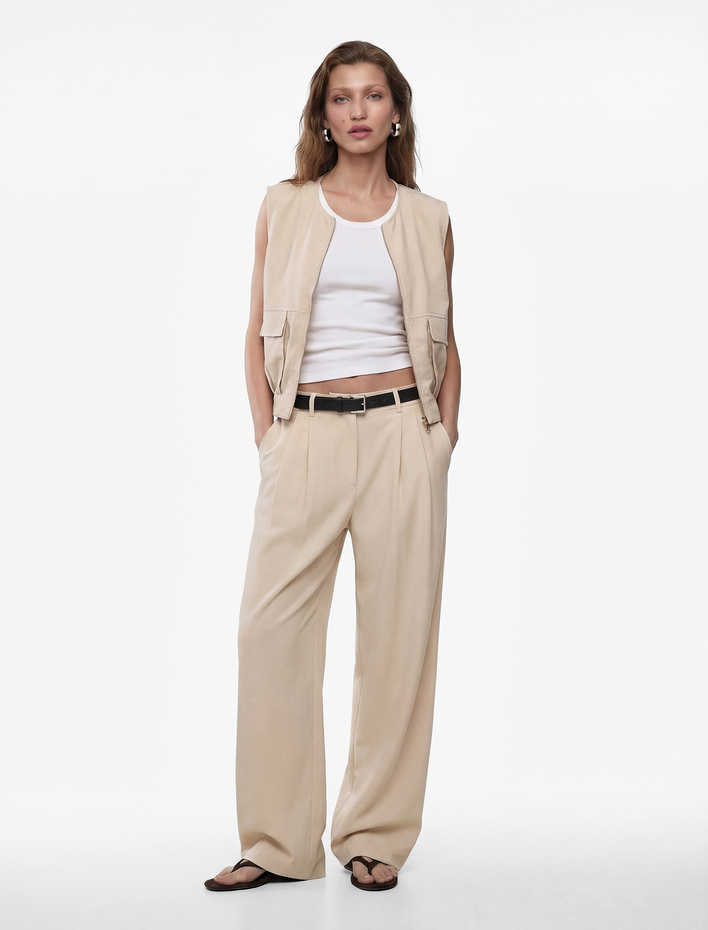 Pileli Düz Geniş Paça Kemerli Palazzo Pantolon