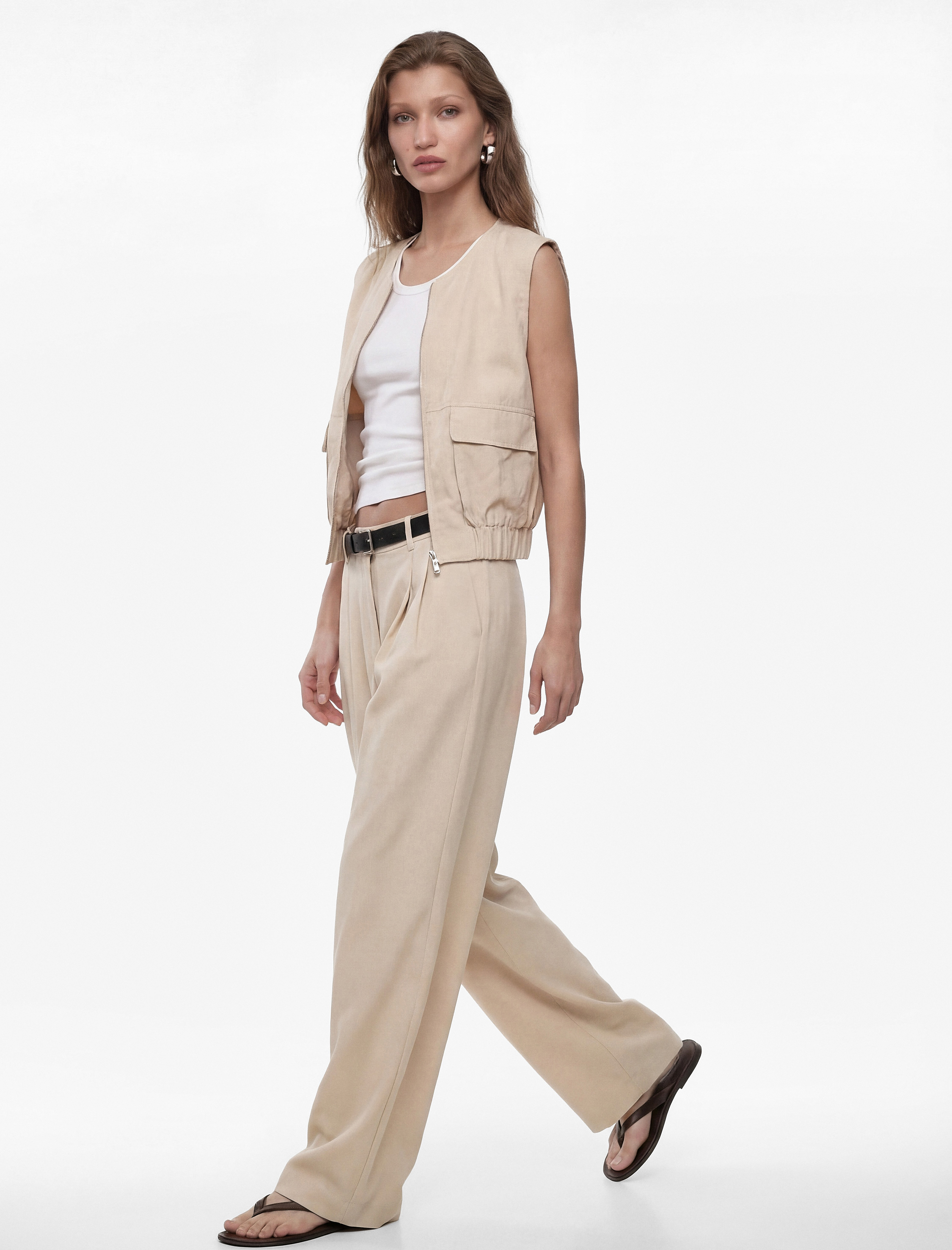 Pileli Düz Geniş Paça Kemerli Palazzo Pantolon - Görsel 2