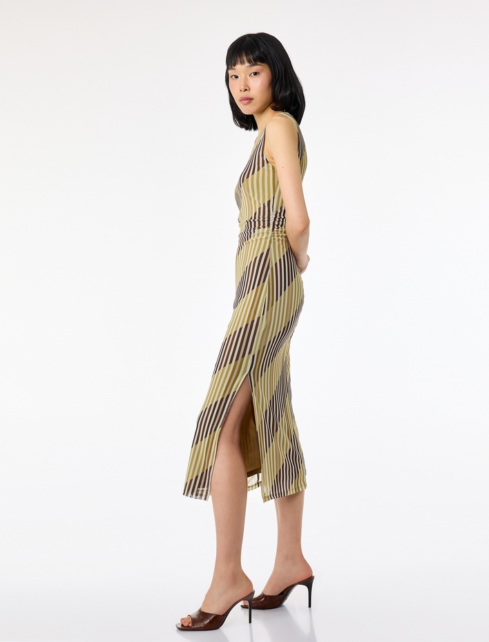  Slim Fit Drape Detaylı Kolsuz Bisiklet Yaka Çizgili Midi Kalem Tül Elbise