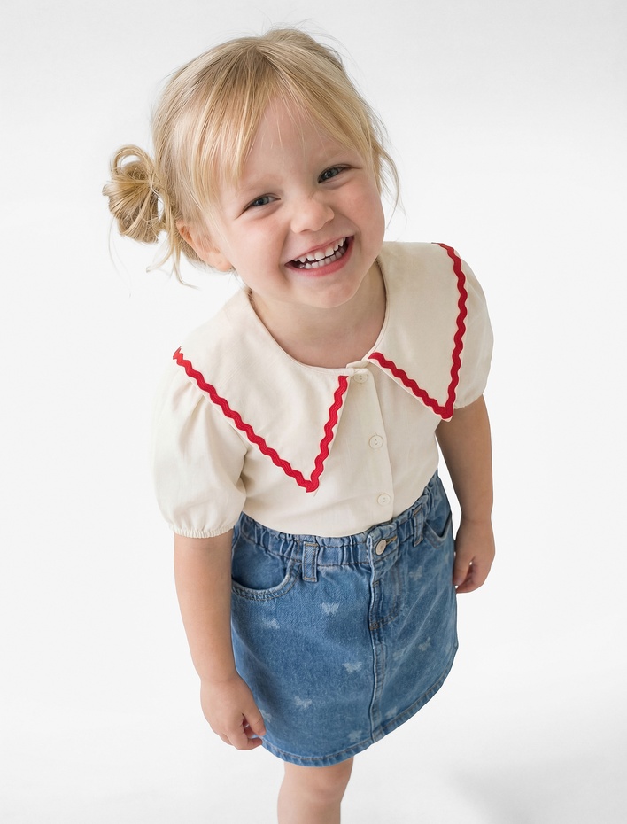 Kız Bebek Bebe Yaka Düğmeli Kısa Kollu Gömlek