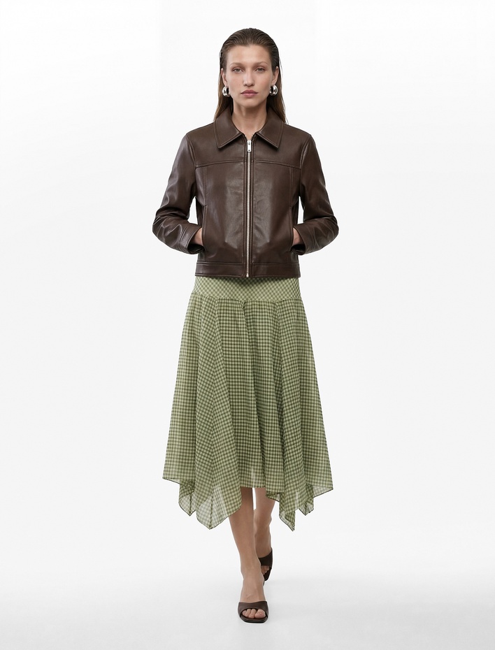  Pamuklu Asimetrik Kesim Pötikareli Midi Etek