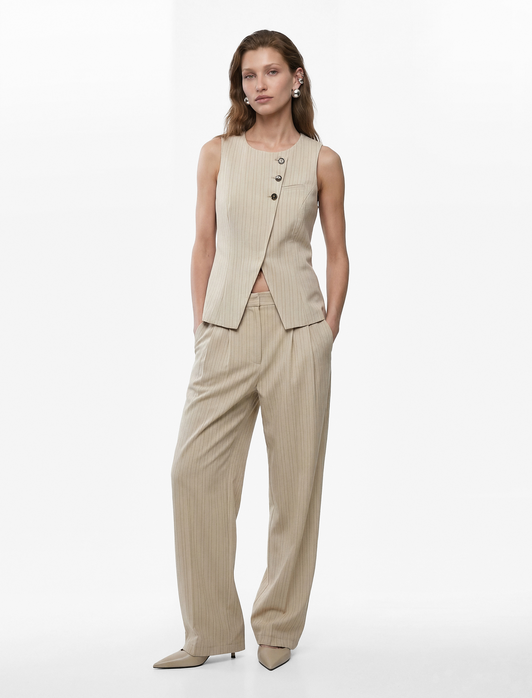   Asimetrik Kesim Düğmeli Bisiklet Yaka Kolsuz Yelek