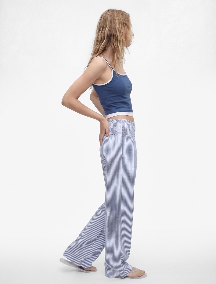  Gipeli Gofre Kumaş Normal Bel Geniş Paça Pantolon