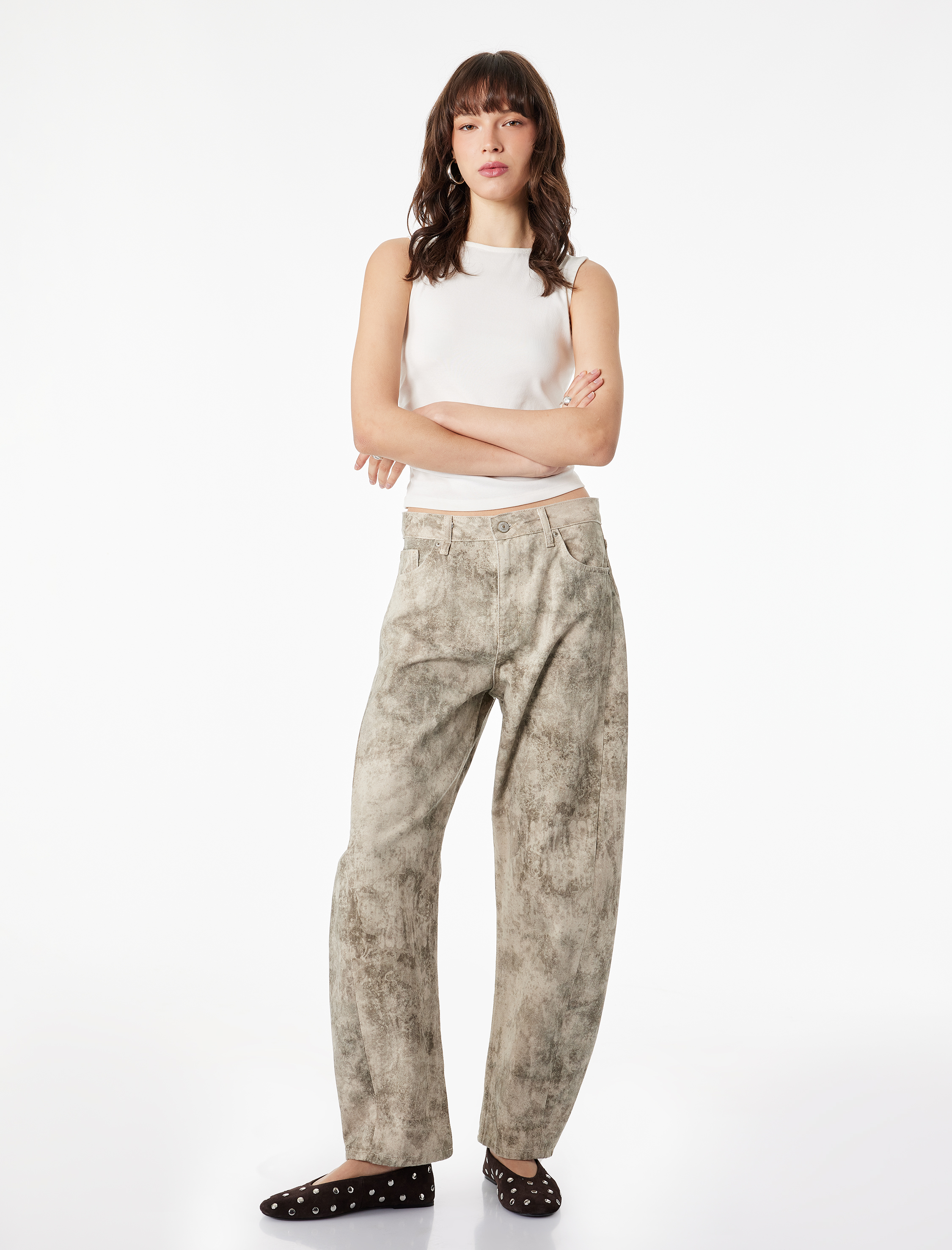   Slim Fit Pamuklu Kolsuz Bisiklet Yaka Drapeli Bluz