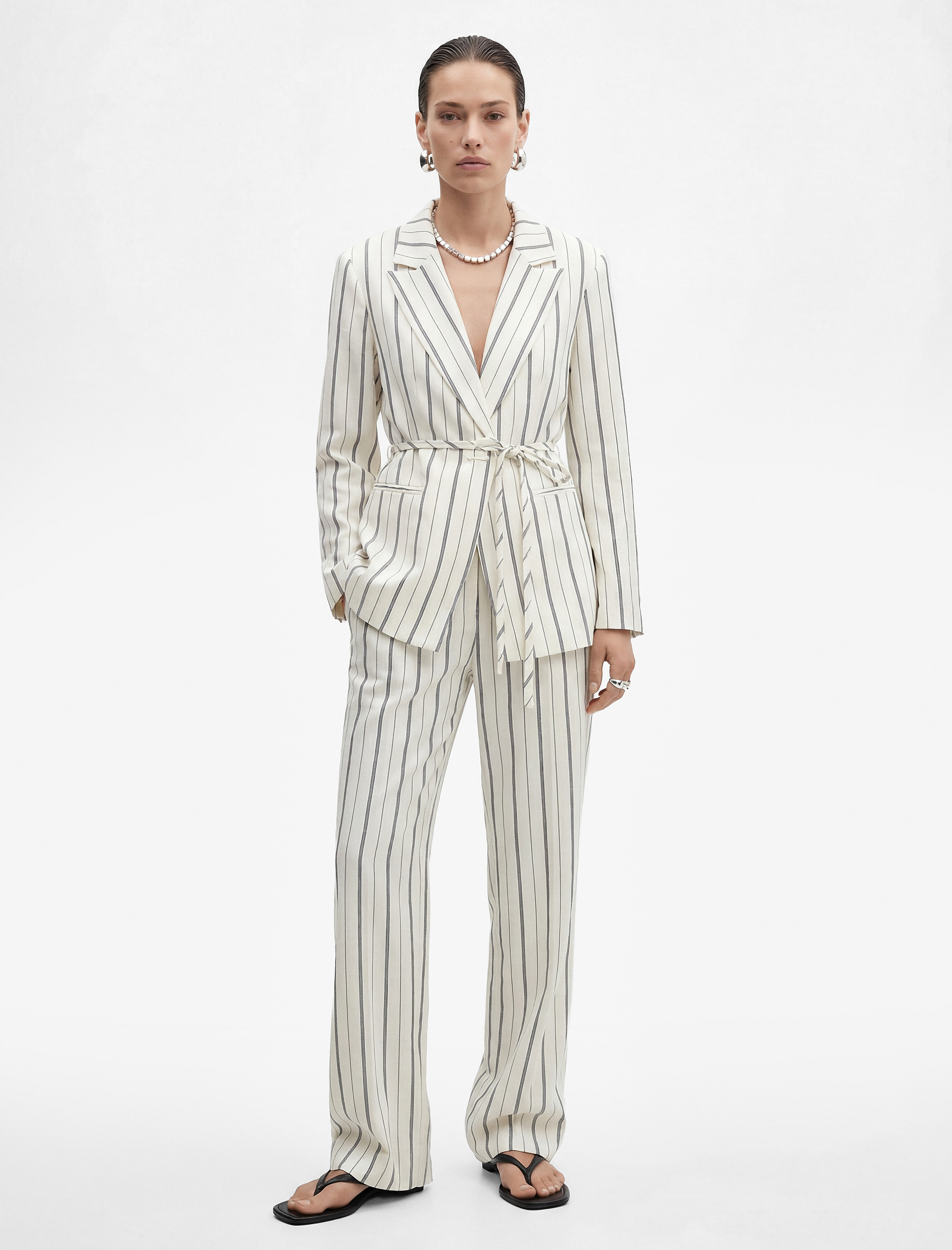 Cepli Pileli Geniş Paça Çizgili Kumaş Pantolon