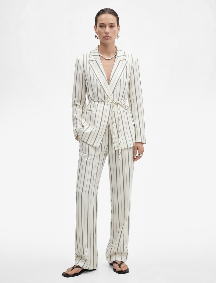  Cepli Pileli Geniş Paça Çizgili Kumaş Pantolon