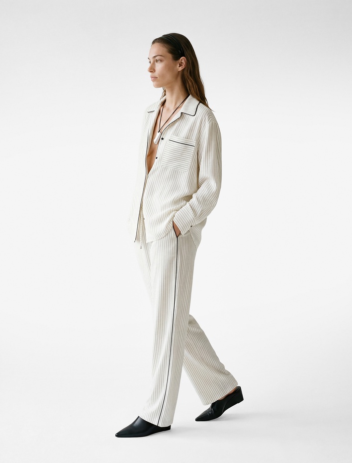  Beli Bağlamalı Cepli Geniş Paça Çizgili Pantolon