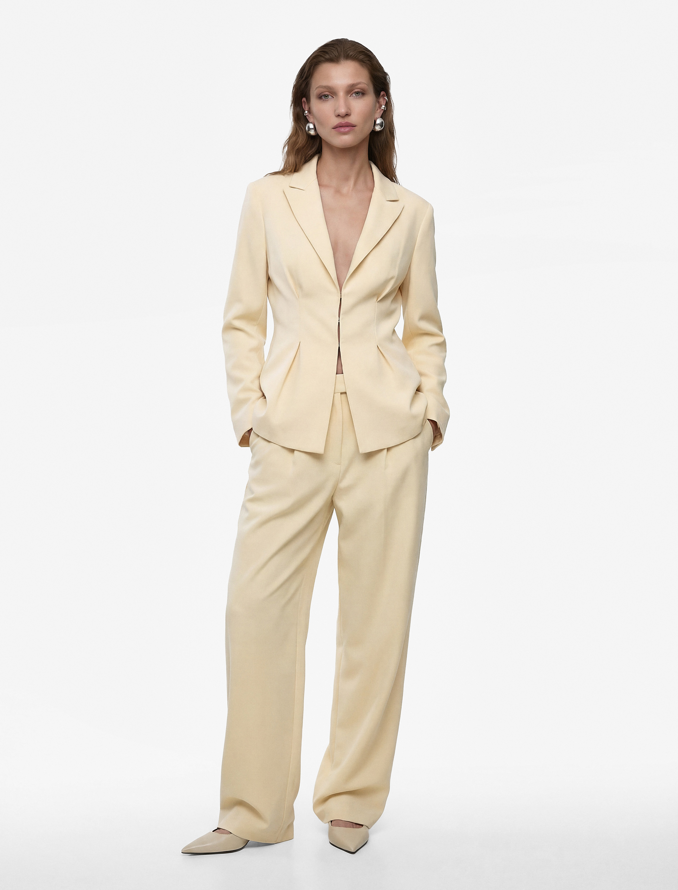 Yüksek Bel Viskon Karışımlı Cepli Geniş Paça Kumaş Pantolon