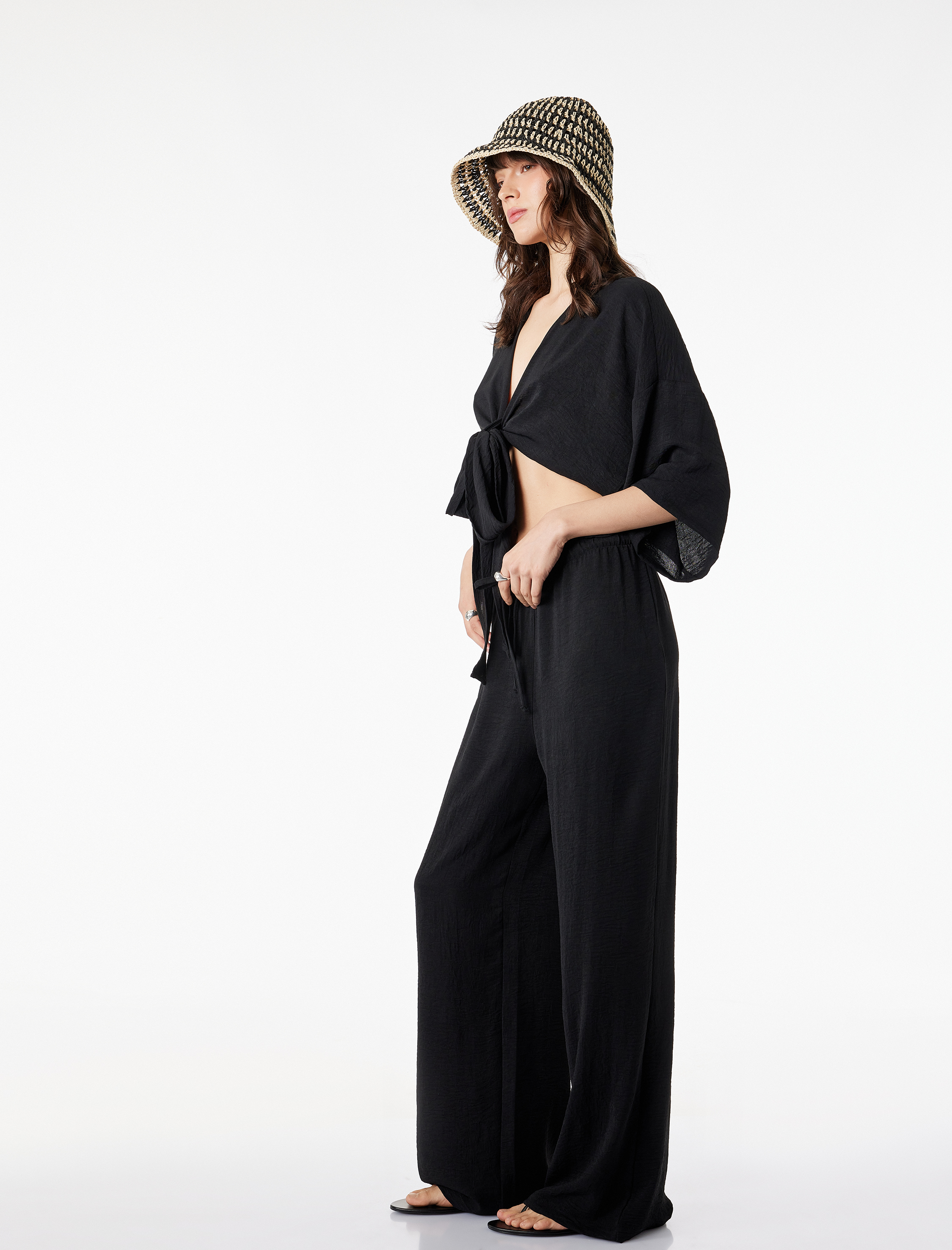 Beli Bağcıklı Geniş Paça Aerobin Pantolon