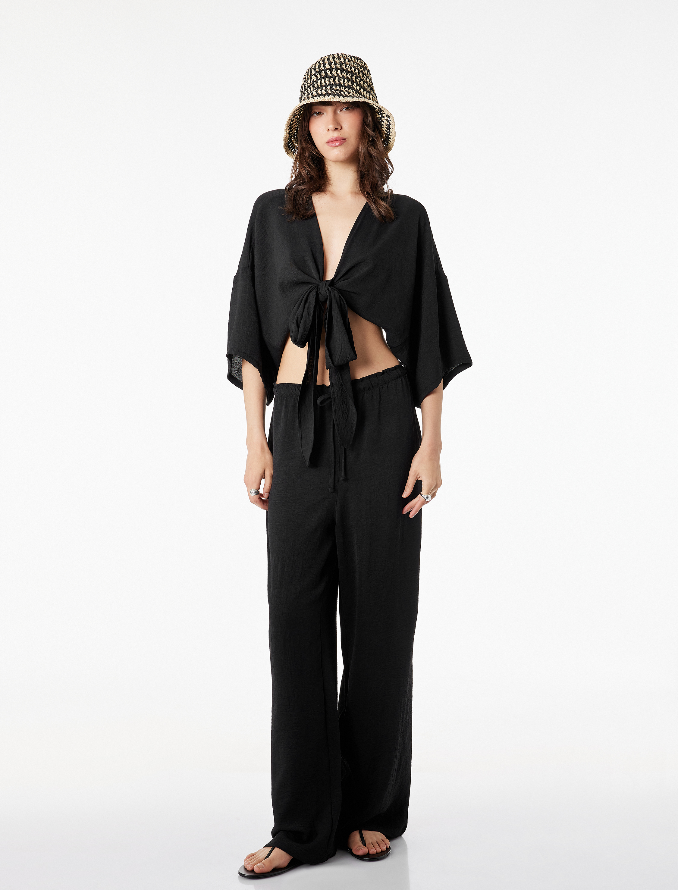 Beli Bağcıklı Geniş Paça Aerobin Pantolon - Görsel 2