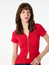 Slim Fit Kısa Kollu Klasik Yaka Fermuarlı Pamuklu Tişört