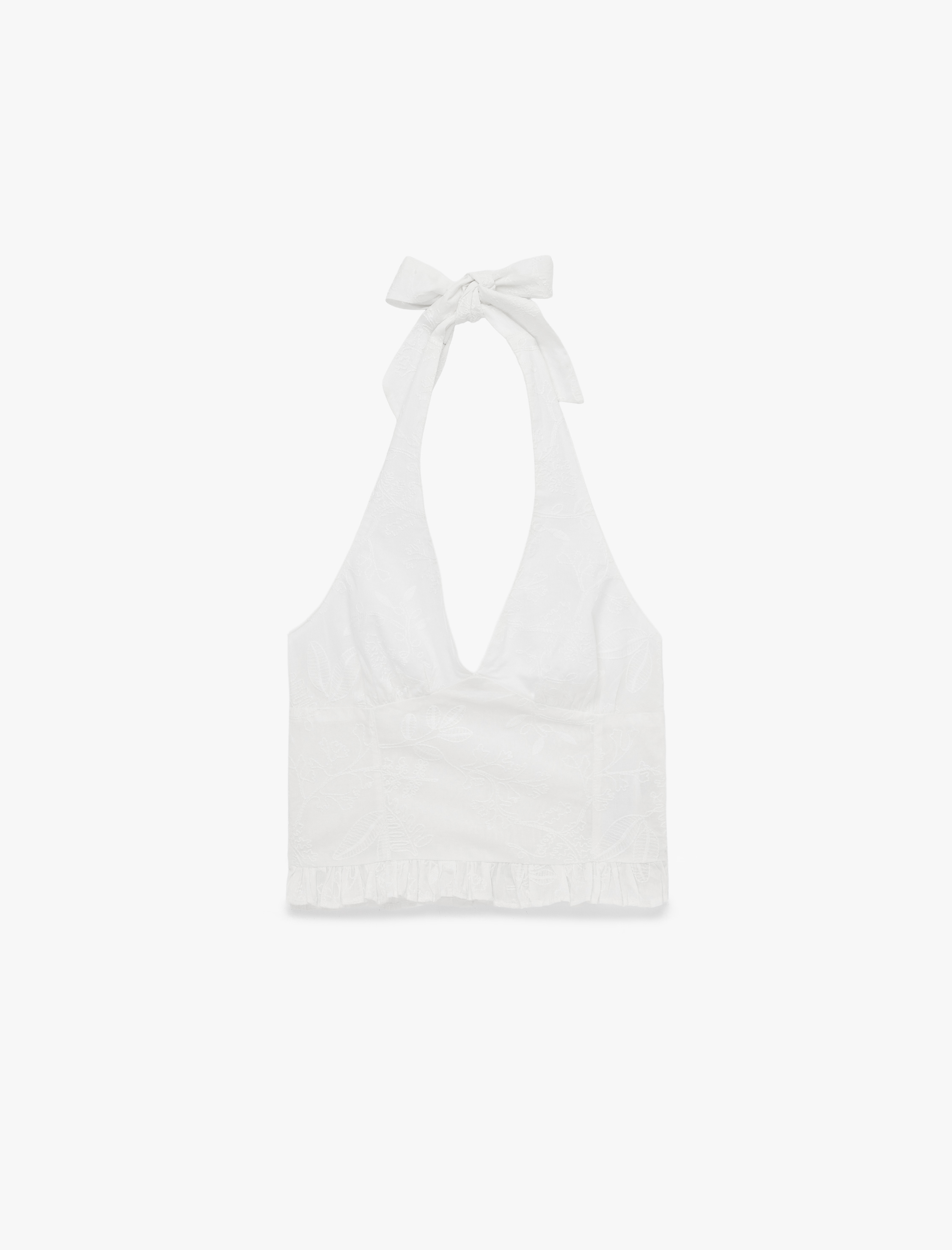   Halter Yaka Kolsuz Nakışlı Pamuklu Crop Bluz