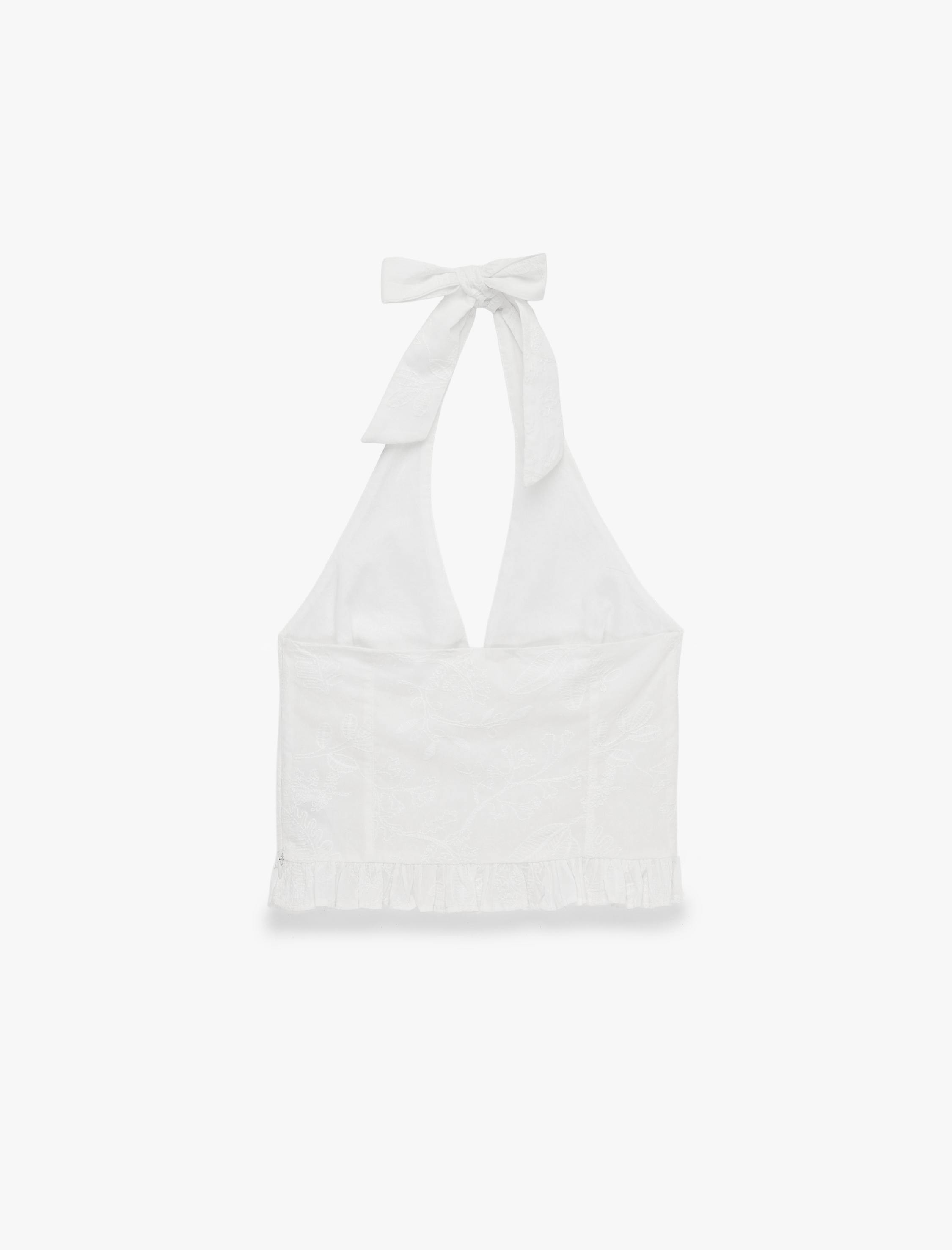   Halter Yaka Kolsuz Nakışlı Pamuklu Crop Bluz