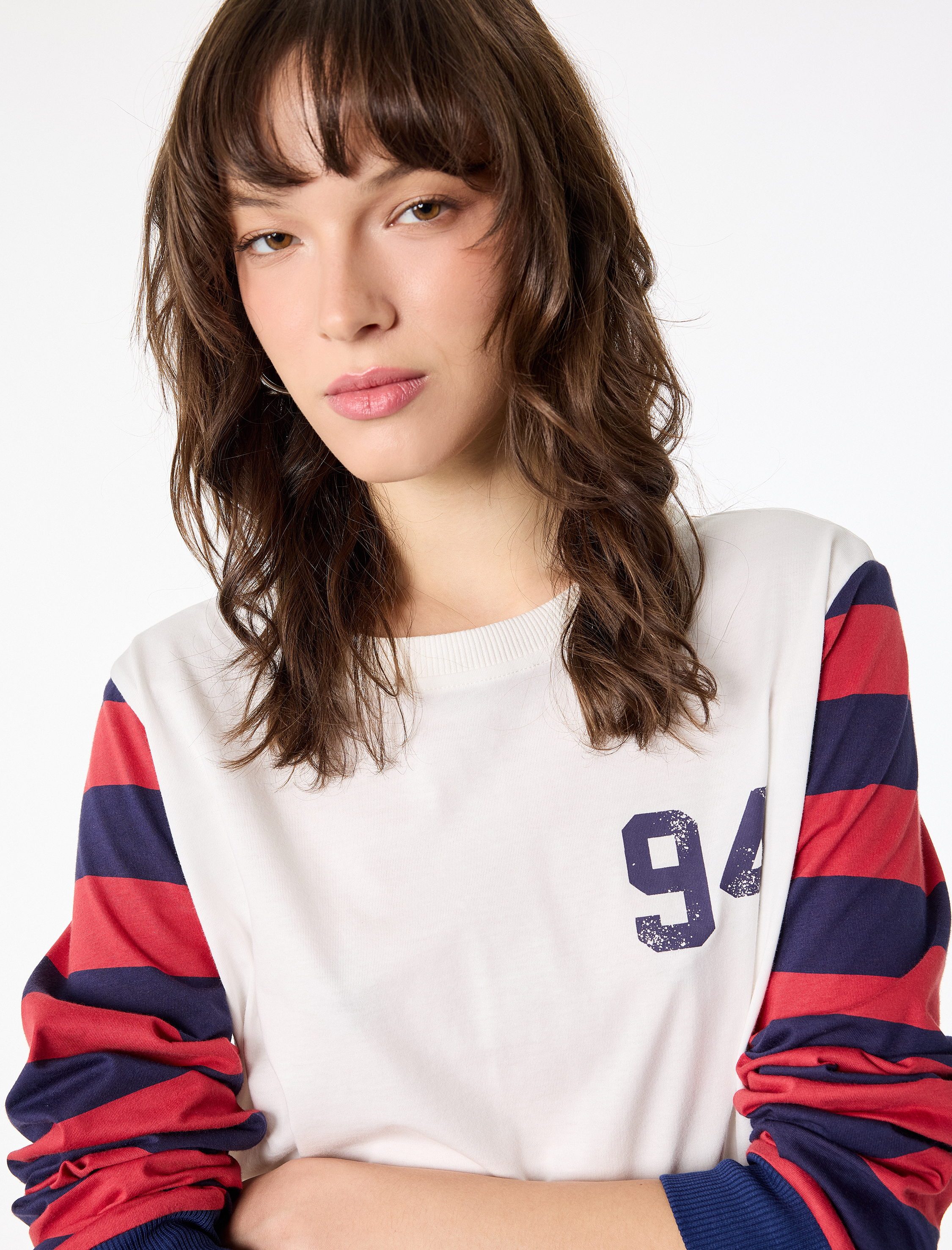   Pamuklu Uzun Kollu Bisiklet Yaka Arkası Baskılı Çizgili Tişört