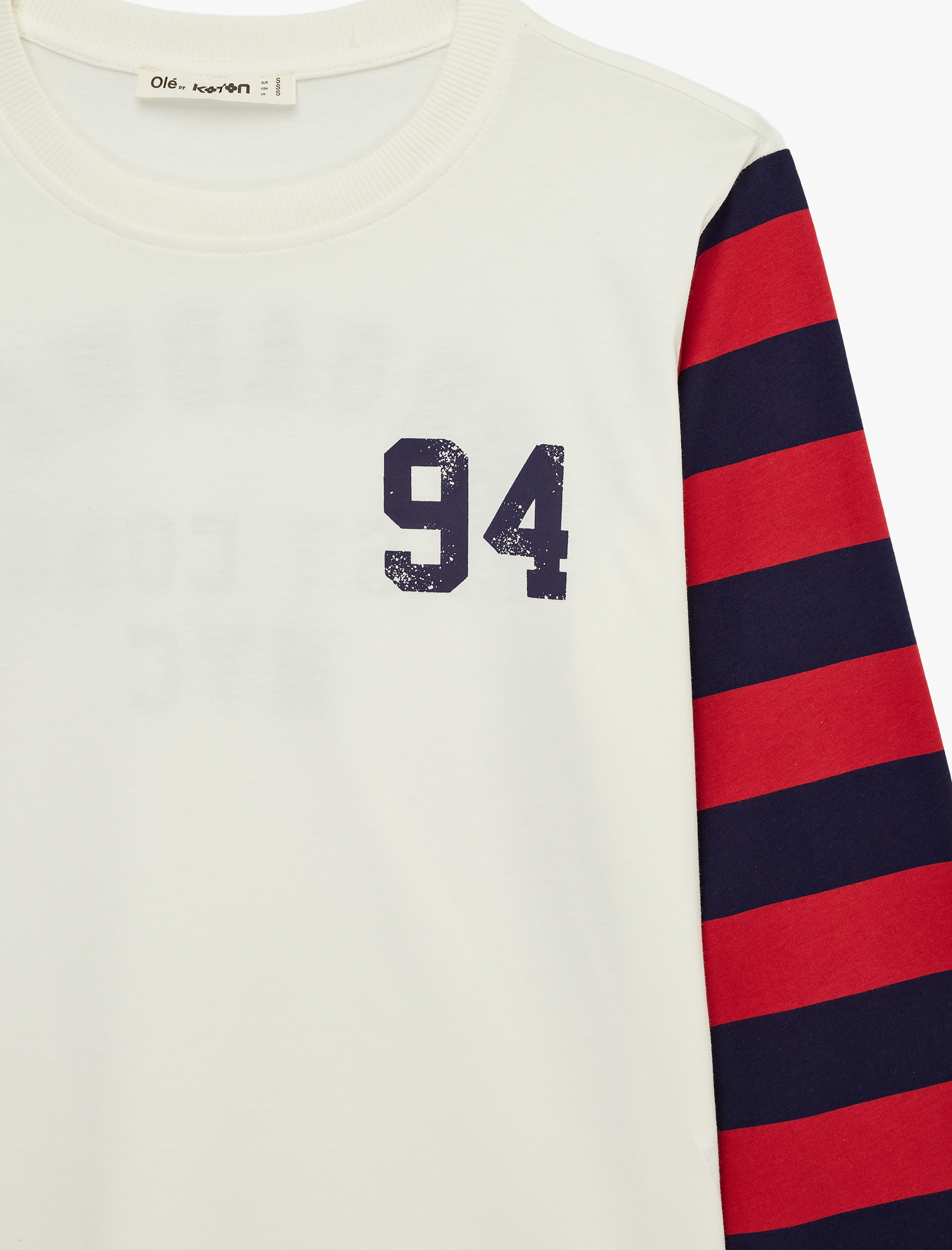   Pamuklu Uzun Kollu Bisiklet Yaka Arkası Baskılı Çizgili Tişört