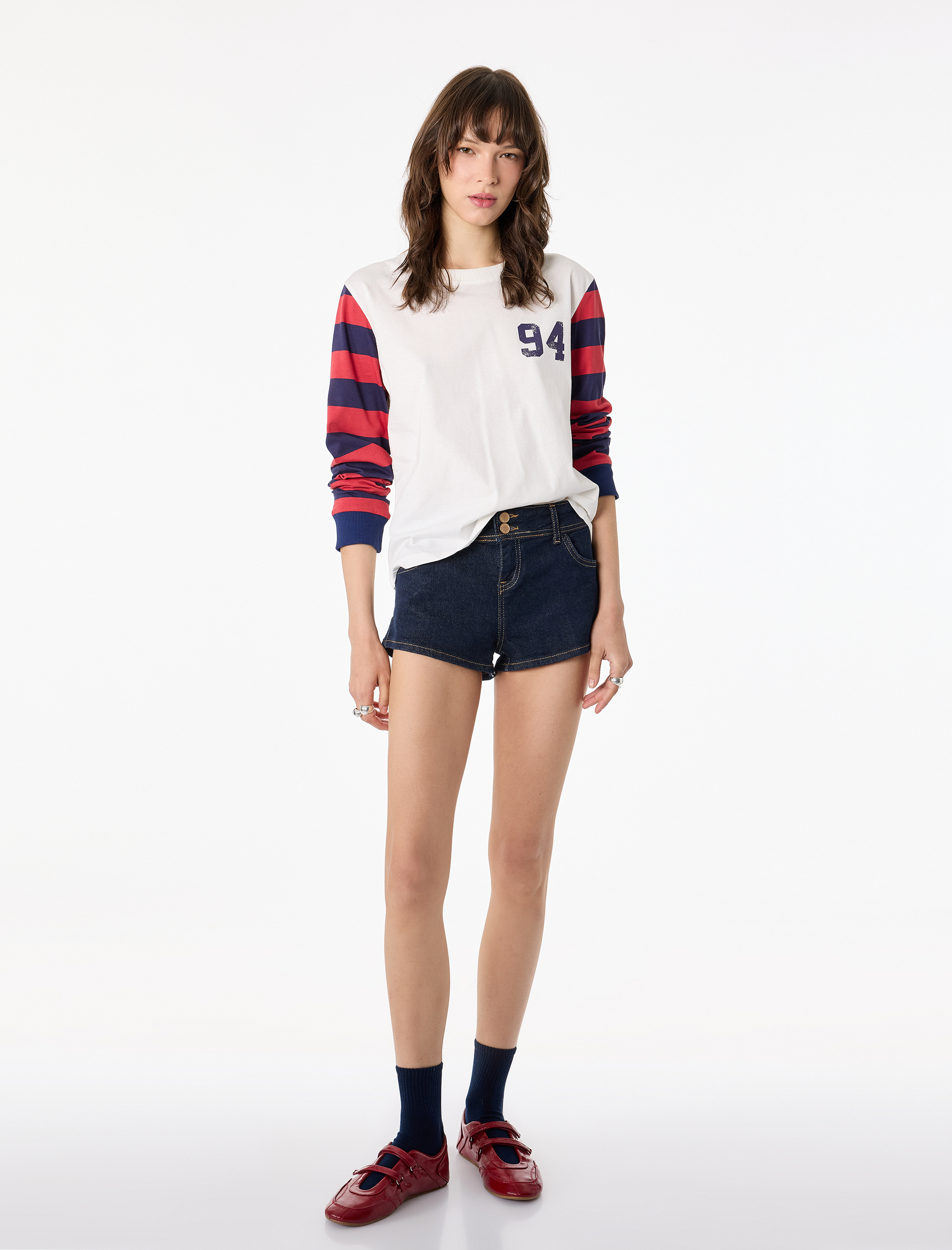   Pamuklu Uzun Kollu Bisiklet Yaka Arkası Baskılı Çizgili Tişört