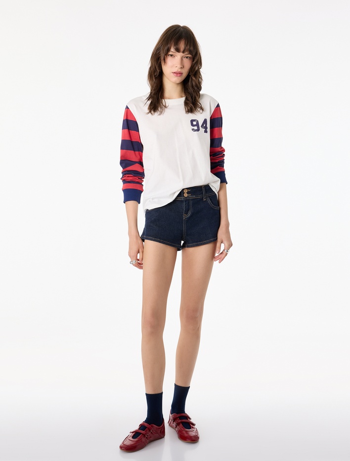  Pamuklu Uzun Kollu Bisiklet Yaka Arkası Baskılı Çizgili Tişört