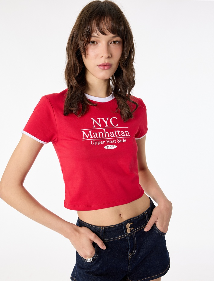  Slim Fit Kısa Kollu Bisiklet Yaka Pamuklu Biyeli Baskılı Tişört