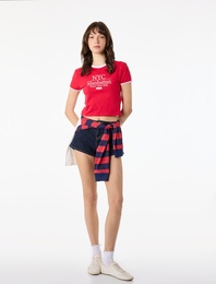 Slim Fit Kısa Kollu Bisiklet Yaka Pamuklu Biyeli Baskılı Tişört