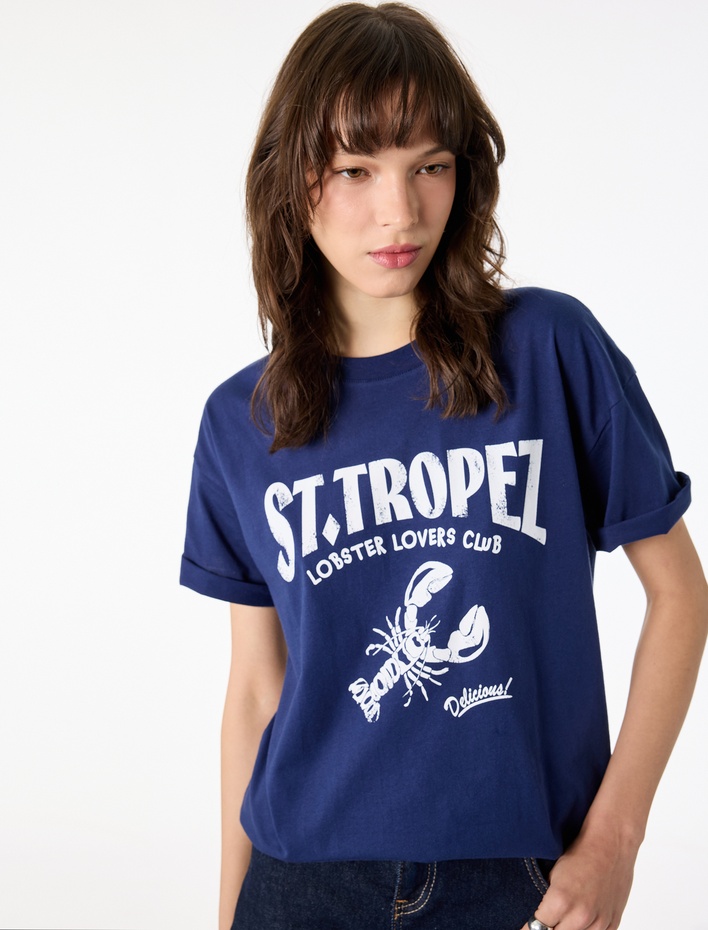  Rahat Kalıp Kısa Kollu Bisiklet Yaka Istakoz Baskılı Tişört