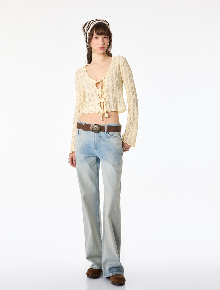  Düşük Bel Pamuklu Düz Paça Denim Pantolon - Straight Fit Jean