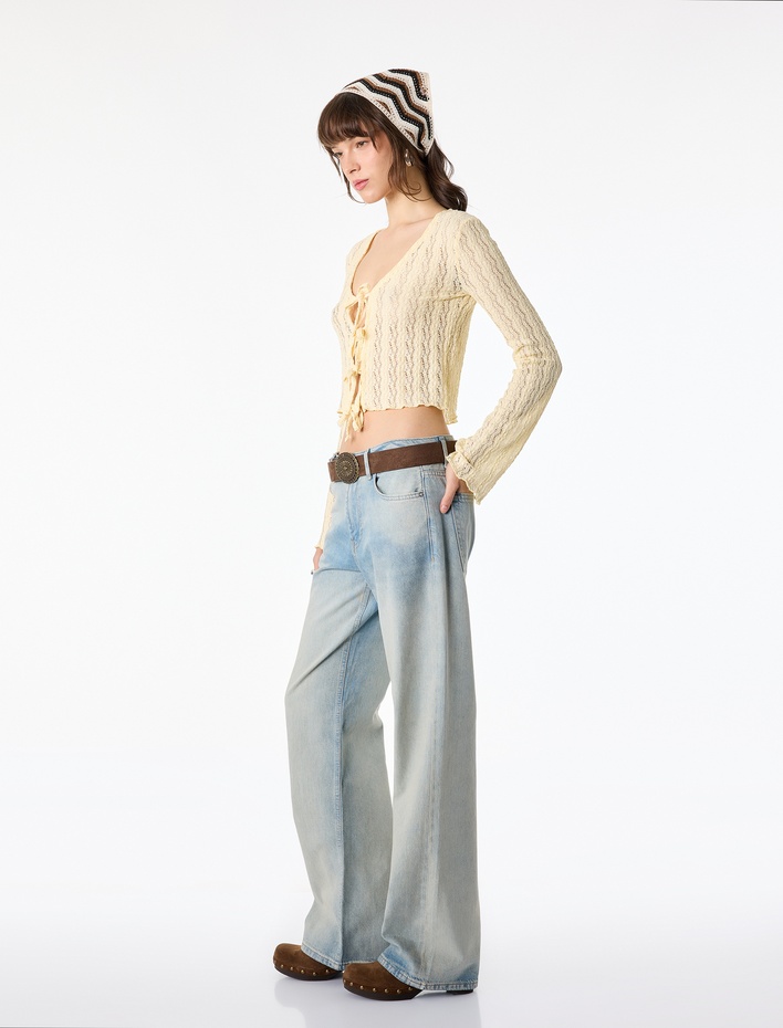  Düşük Bel Pamuklu Düz Paça Denim Pantolon - Straight Fit Jean