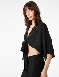 Kısa Kollu Kruvaze Yaka Bağlamalı Crop Oversize Kimono
