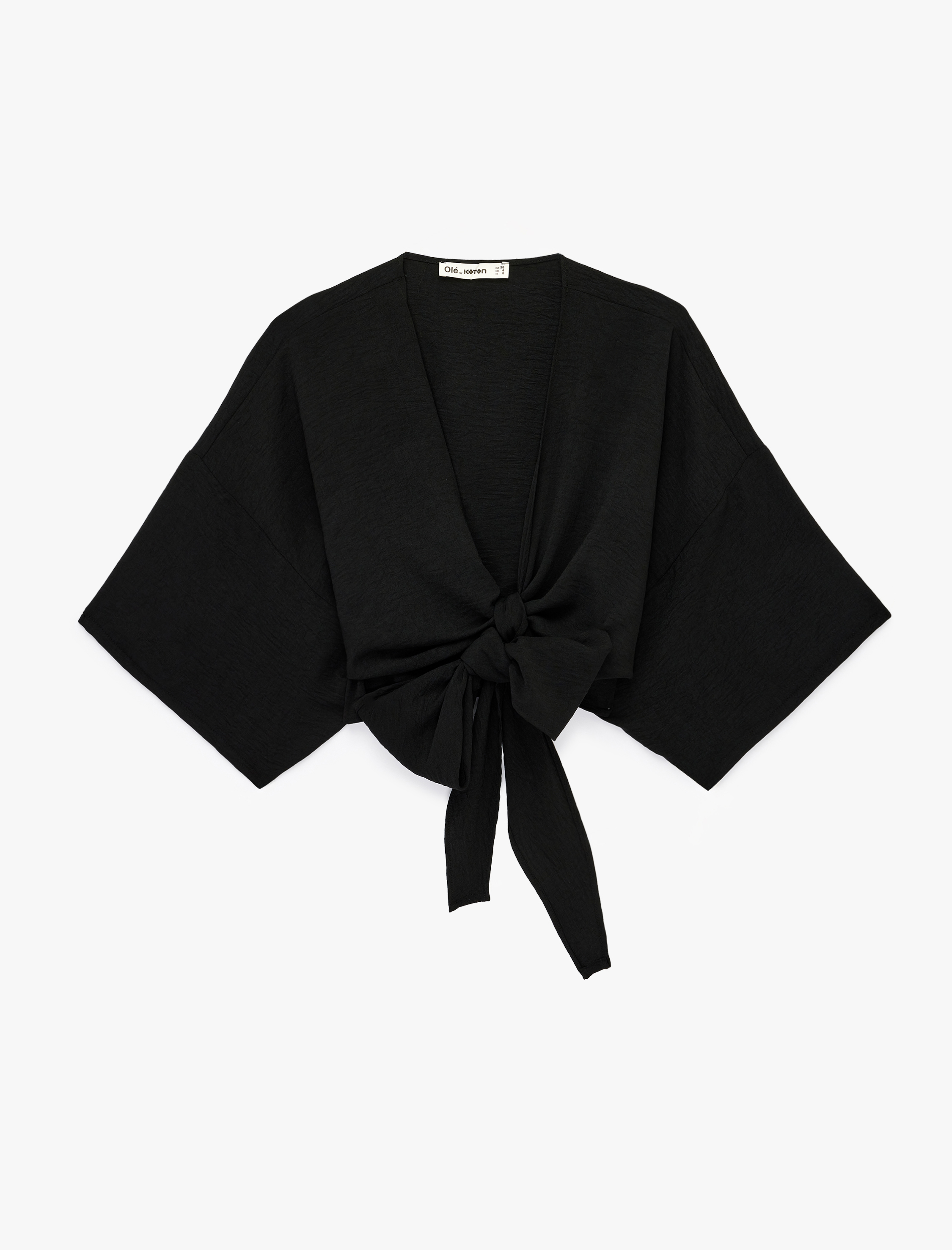   Kısa Kollu Kruvaze Yaka Bağlamalı Crop Oversize Kimono
