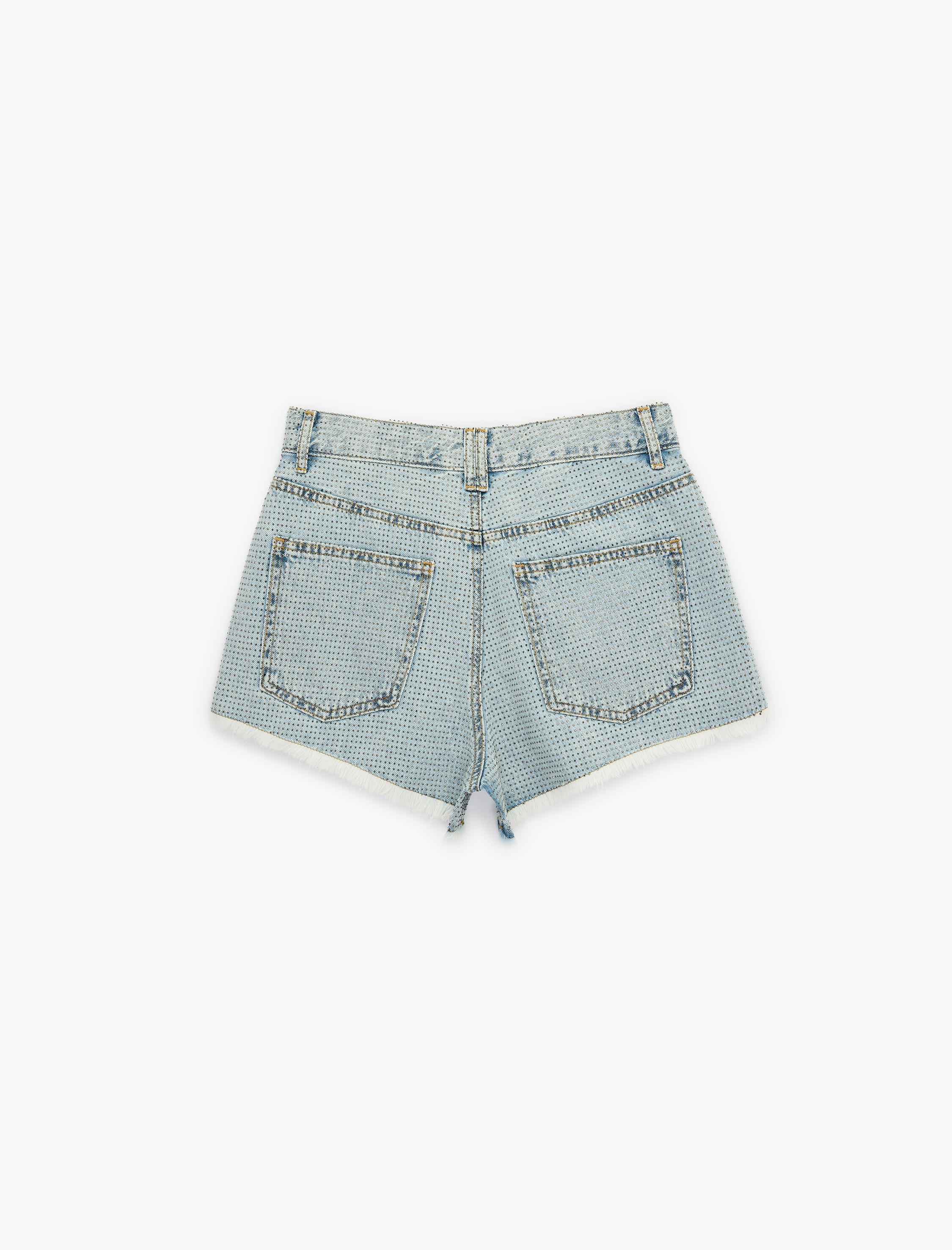   Rahat Kalıp Püsküllü Taş Detaylı Mini Denim Şort