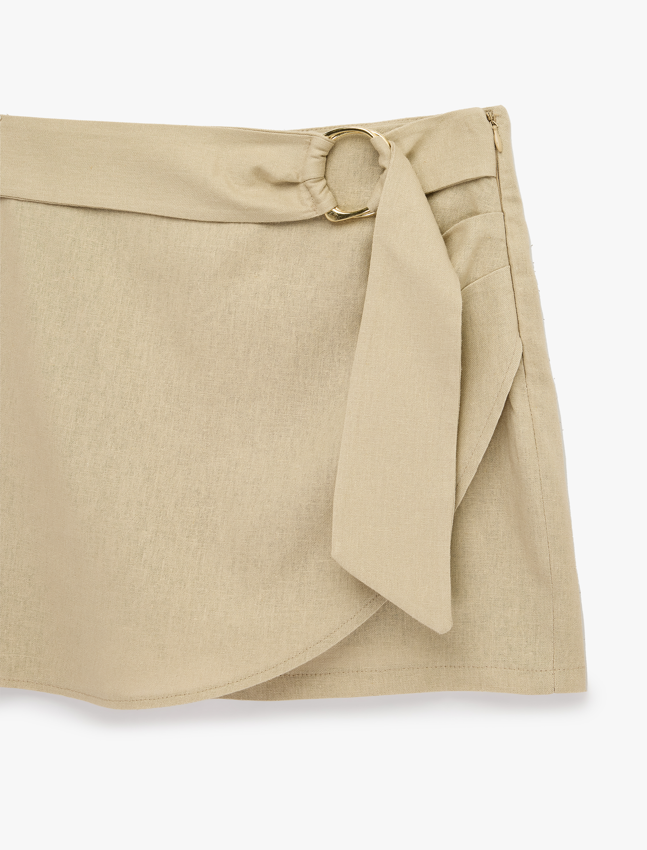   Kemer Detaylı Kruvaze Keten Mini Şort Etek