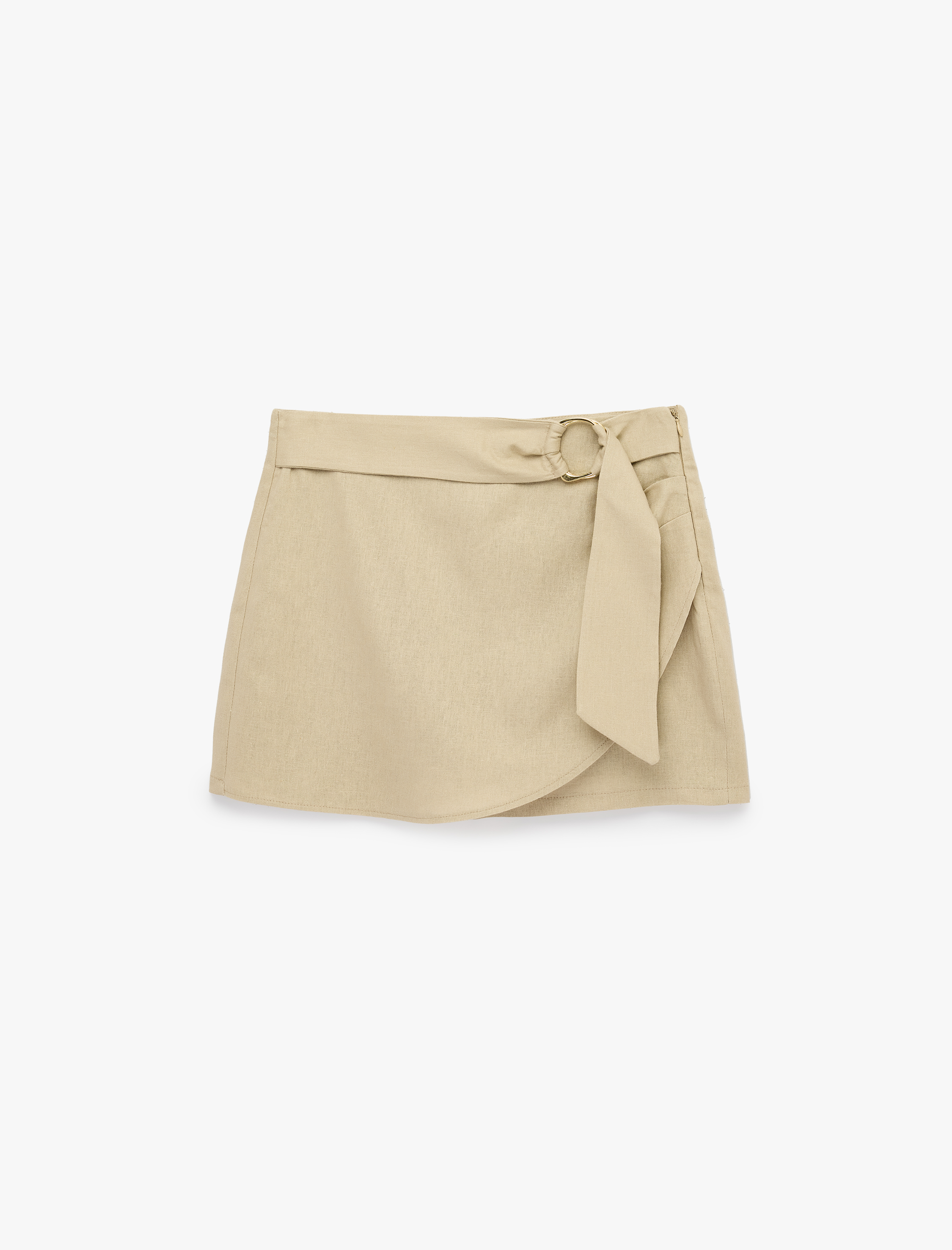   Kemer Detaylı Kruvaze Keten Mini Şort Etek