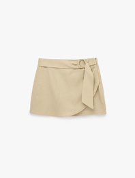 Kemer Detaylı Kruvaze Keten Mini Şort Etek