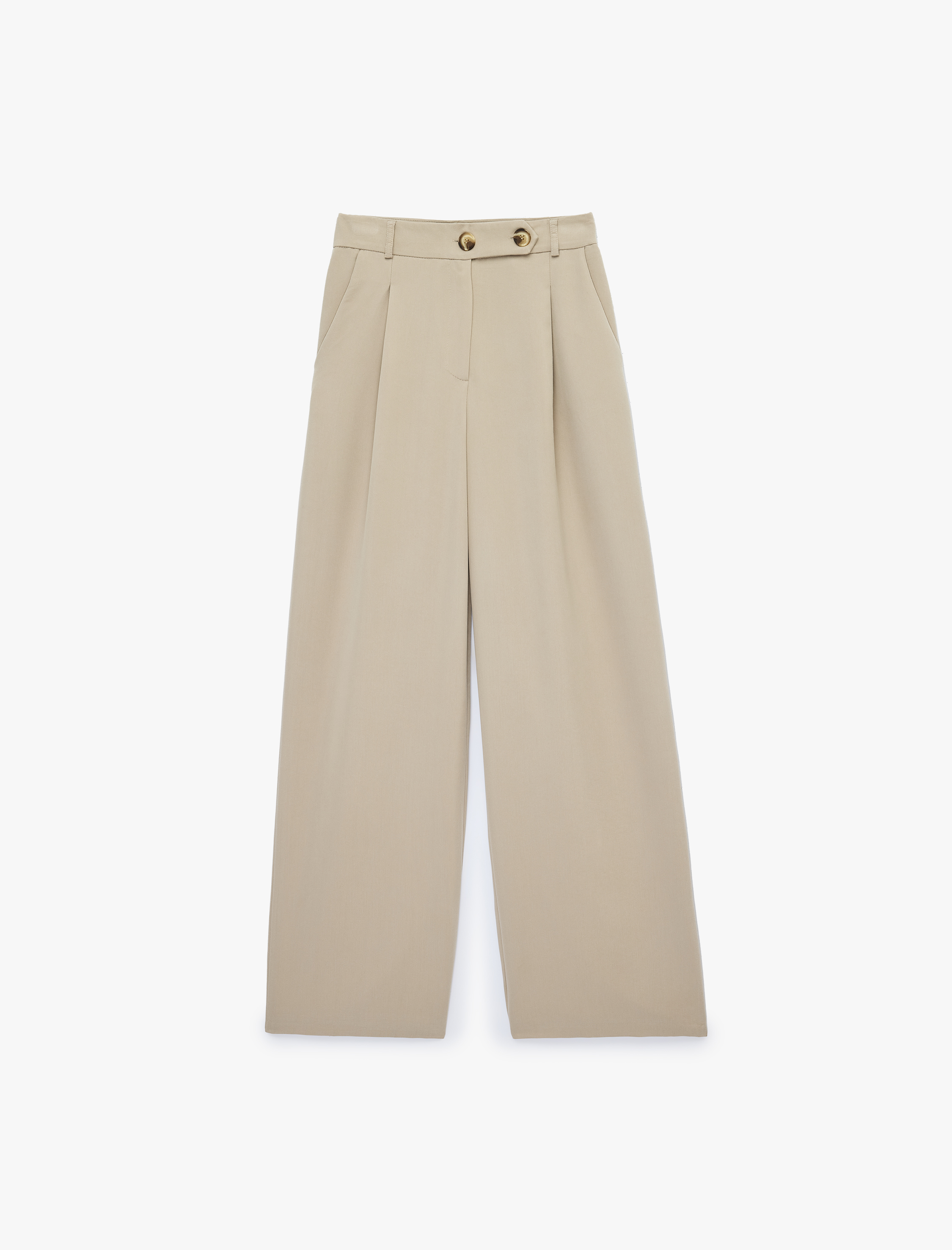   Yüksek Bel Rahat Kalıp Düğme Detaylı Cepli Pileli Palazzo Pantolon