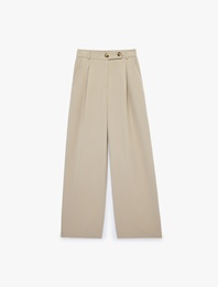 Yüksek Bel Rahat Kalıp Düğme Detaylı Cepli Pileli Palazzo Pantolon