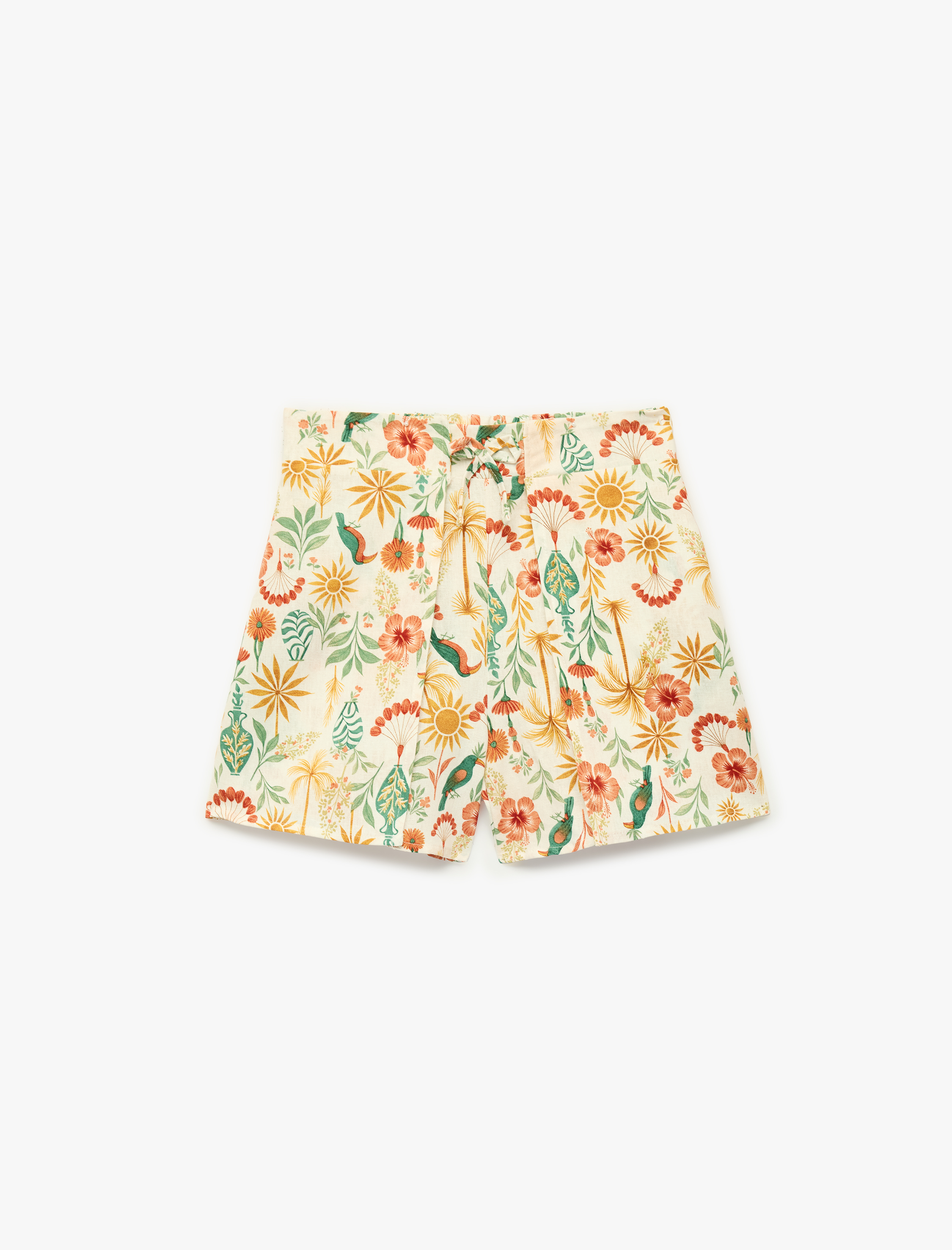  Kız Çocuk Viskon ve Keten Karışımlı Rahat Kesim Çiçekli Şort