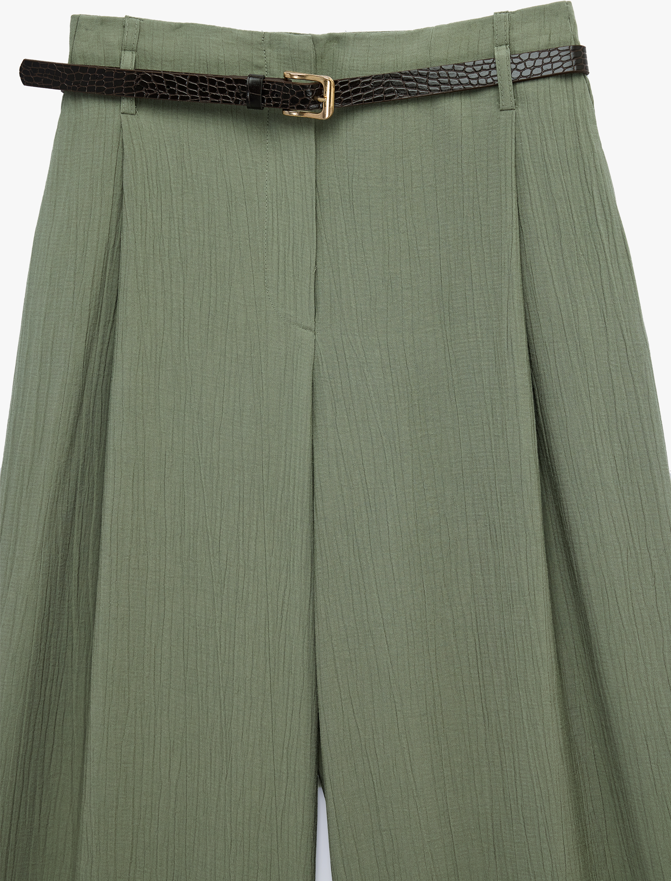   Pile Detaylı Cepli Düz Geniş Paça Kemerli Palazzo Pantolon